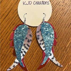 Teal Glitter, Animal Print and pink Feather Earrings